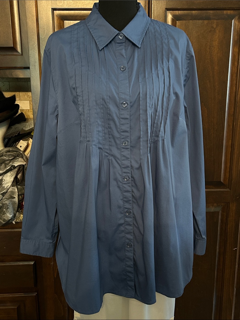 Y2K Coldwater Creek Sz XL Cornflower Blue Button-Up Pleated Tunic Shirt